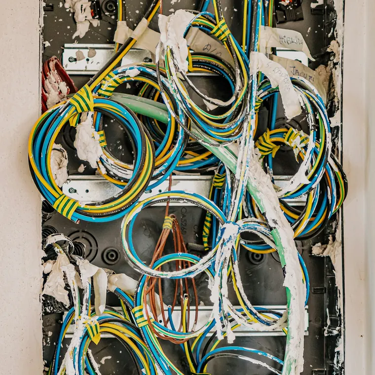 Caja eléctrica abierta con cables de colores en un muro