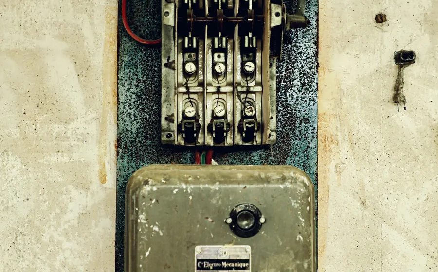 Tablero eléctrico antiguo con automáticos en un muro