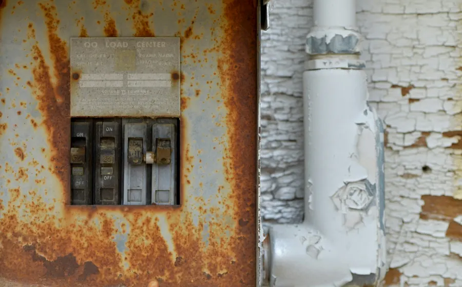 Tablero eléctrico antiguo con automáticos en un muro oxidado